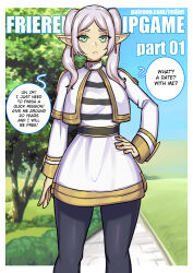 Rule 34 | 1girl, black pants, blue sky, capelet, day, earrings, elf, english text, frieren, green eyes, grey hair, hand on own hip, jewelry, outdoors, pants, pointy ears, redjet, shirt, skirt, sky, solo, sousou no frieren, speech bubble, striped clothes, striped shirt, tree, twintails, white capelet, white skirt