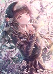 Rule 34 | 1girl, artist name, black hair, black sailor collar, black shirt, black skirt, blunt bangs, blurry, blurry background, blush, bow, branch, cherry blossoms, commentary request, commission, cowboy shot, day, eyelashes, falling petals, floating hair, flower, hair bow, hair flower, hair ornament, hand up, highres, lace trim, light particles, light rays, long hair, long sleeves, looking at viewer, mouth hold, neck ribbon, original, outdoors, petals, petals in mouth, pink eyes, pink flower, pink ribbon, pleated skirt, ribbon, sailor collar, school uniform, serafuku, shirt, sidelocks, skeb commission, skirt, sleeve cuffs, solo, standing, tree, very long hair, white bow, yuubarish