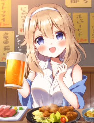Rule 34 | 1girl, :d, alcohol, aoyama blue mountain, beer, blush, breasts, brown hair, collared shirt, commentary request, cup, drinking glass, food, gochuumon wa usagi desu ka?, hair between eyes, hairband, heart, highres, holding, holding cup, indoors, long hair, looking at viewer, medium breasts, mozukun43, open mouth, partially translated, shirt, sitting, smile, solo, translation request, twitter username, upper body, white hairband, white shirt