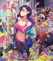 Rule 34 | 1girl, bare shoulders, blue jacket, blush, breasts, cleavage, collarbone, foreshortening, hands in pockets, jacket, jk arts, large breasts, leggings, leggings under shorts, mikazuki shizuka, multiple others, navel, open clothes, open jacket, parted lips, pink eyes, pink shorts, pink sports bra, profile, purple hair, purple leggings, short hair, shorts, signature, solo focus, sports bra, standing, twitter username, zom 100: zombie ni naru made ni shitai 100 no koto, zombie