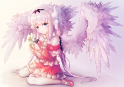 Rule 34 | 10s, 1girl, :o, beads, blue eyes, bow, commentary request, dragon horns, flower, frilled shirt, frills, full body, gradient background, gradient hair, hair beads, hair ornament, hairband, highres, holding, horns, kanna kamui, kobayashi-san chi no maidragon, light purple hair, long hair, long sleeves, looking at viewer, multicolored eyes, multicolored hair, multicolored wings, patterned clothing, pink footwear, pink shirt, purple background, purple bow, purple eyes, purple hairband, purple wings, shirt, shoes, simple background, skirt, solo, tail, thighhighs, thighs, twintails, wakaba (945599620), white background, white hair, white shirt, white skirt, white thighhighs, white wings, wings, zettai ryouiki