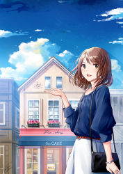 Rule 34 | 1girl, :d, arm at side, arm up, bag, bakery, belt, blouse, blue shirt, blue sky, bracelet, brown eyes, brown hair, building, cloud, collarbone, commentary request, day, flower, handbag, highres, jewelry, kazuharu kina, looking at viewer, medium hair, open mouth, original, outdoors, shirt, shop, skirt, sky, smile, solo, teeth, upper teeth only, white skirt, window