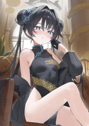 Rule 34 | 1girl, absurdres, ass, black dress, black gloves, black hair, blue archive, butterfly hair ornament, china dress, chinese clothes, coat, double bun, dragon print, dress, gloves, grey coat, grey eyes, grey halo, hair bun, hair ornament, halo, highres, indoors, kisaki (blue archive), layer (shinobu), long hair, long sleeves, looking at viewer, sitting, sleeveless, sleeveless dress, solo, striped coat, twintails, vertical-striped coat