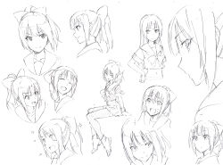 Rule 34 | 10s, 1girl, :d, blush stickers, bow, collarbone, crop top, expressions, greyscale, hair bow, hair down, kantai collection, long hair, looking back, monochrome, multiple views, navel, no nose, open mouth, pantyhose, pleated skirt, ponytail, profile, school uniform, serafuku, shirubaburu, simple background, sitting, skirt, smile, sparkle, sweat, traditional media, turn pale, upper body, white background, yuubari (kancolle)