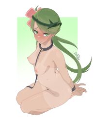 Rule 34 | 1girl, absurdres, arms behind back, bdsm, blush, bondage, bondage cuffs, bound, breasts, closed mouth, collar, commentary, completely nude, creatures (company), dark-skinned female, dark skin, flower, full body, game freak, green eyes, green hair, green headband, headband, highres, kiakisart, leash, long hair, mallow (pokemon), medium breasts, nintendo, nipples, nude, one-piece tan, own hands together, pink flower, pokemon, pokemon sm, raised eyebrows, seiza, signature, sitting, slave, solo, swept bangs, tan, tanline, twintails