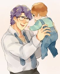 Rule 34 | 2boys, amuro ray, baby, brown hair, bulecelup, father and son, glasses, gundam, highres, holding baby, mobile suit gundam, multiple boys, purple hair, tem ray, aged down