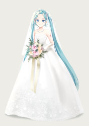 Rule 34 | 1girl, agonasubi, aqua eyes, aqua hair, bare shoulders, blush, bouquet, bridal veil, bride, closed mouth, commentary, dress, earrings, elbow gloves, flower, full body, gloves, hair flower, hair ornament, hatsune miku, highres, holding, holding bouquet, jewelry, lace, lace-trimmed dress, lace trim, long hair, looking at viewer, necklace, ribbon, shoulder tattoo, smile, solo, strapless, strapless dress, tattoo, twintails, veil, very long hair, vocaloid, wedding dress, white dress, white gloves
