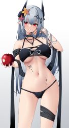 Rule 34 | 1girl, absurdres, apple, arknights, armlet, bare shoulders, bikini, bitten apple, black bikini, black choker, blush, breasts, choker, cleavage, collarbone, commentary, contrapposto, cowboy shot, demon horns, eyebrows hidden by hair, flower, food, food bite, fruit, groin, hair between eyes, hair flower, hair ornament, hand in own hair, hand up, highres, holding, holding food, holding fruit, horns, infection monitor (arknights), jewelry, large breasts, long hair, looking at viewer, material growth, mudrock (arknights), mudrock (silent night) (arknights), navel, necklace, official alternate costume, oripathy lesion (arknights), parted lips, pointy ears, red eyes, see-through, shawl, sidelocks, silver hair, simple background, solo, standing, stomach, swimsuit, thigh strap, underboob, white background, yellow flower, z.taiga