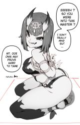 Rule 34 | 1girl, absurdres, ass, bdsm, bondage, bound, breasts, butt crack, english text, fate (series), highres, kneeling, penguru 086, rope, shuten douji (fate), solo, tagme