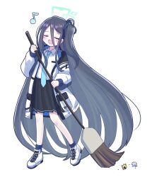 Rule 34 | 1girl, :d, absurdly long hair, aris (blue archive), black hair, black skirt, blue archive, blue necktie, broom, closed eyes, collared shirt, commentary request, denki blanco, hair between eyes, halo, highres, holding, holding broom, jacket, long hair, long sleeves, looking at viewer, multicolored clothes, multicolored jacket, music, musical note, necktie, one side up, open mouth, pleated skirt, pocket, school uniform, shirt, shoes, sidelocks, simple background, singing, skirt, smile, sneakers, solo, sweeping, two-tone jacket, very long hair, white background