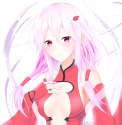 Rule 34 | 1girl, absurdres, bare shoulders, breasts, center opening, cleavage, detached sleeves, elbow gloves, fingerless gloves, gloves, guilty crown, hair ornament, hairclip, highres, long hair, looking at viewer, masamune tokunaga, medium breasts, pink hair, red eyes, smile, solo, twintails, upper body, yuzuriha inori