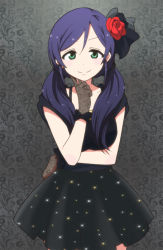 Rule 34 | 10s, 1girl, black dress, bow, breasts, dress, finger to own chin, floral print, flower, gloves, green eyes, hair flower, hair ornament, hair over shoulder, hair ribbon, index finger raised, kidachi, lace, lace gloves, large breasts, long hair, love live!, love live! school idol festival, love live! school idol project, print gloves, purple hair, ribbon, smile, solo, sparkle, tojo nozomi, twintails
