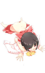 Rule 34 | 1girl, all fours, ascot, ass, bad id, bad pixiv id, bare shoulders, barefoot, black hair, blush, bow, clothes pull, detached sleeves, from above, full body, hair bow, hakurei reimu, highres, looking at viewer, looking up, no panties, non (z-art), nontraditional miko, red eyes, short hair, simple background, skirt, skirt down, solo, touhou, white background, wide sleeves