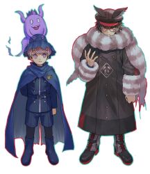 Rule 34 | animal ears, animal hat, arm behind back, belt, black coat, black footwear, black headwear, blue belt, blue cape, blue footwear, blue headwear, blue jacket, boots, brown hair, cabbie hat, cape, closed mouth, coat, commentary request, crown, fake animal ears, full body, fur-trimmed sleeves, fur collar, fur trim, ghost, glasses, hat, highres, horns, jacket, long sleeves, looking at another, looking at viewer, male focus, master detective archives: rain code, nasubinonono, on head, purple eyes, purple hair, red-framed eyewear, red eyes, round eyewear, shinigami (ghost) (rain code), shinigami (rain code), short hair, simple background, smile, standing, white background, yuma kokohead, zilch alexander