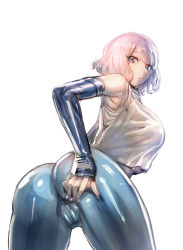 Rule 34 | 1girl, armpits, ass, bare shoulders, bent over, bow (bhp), breasts, cameltoe, cowboy shot, detached sleeves, from behind, large breasts, latex, looking at viewer, looking back, original, pink hair, purple eyes, shirt, short hair, skin tight, solo, white shirt