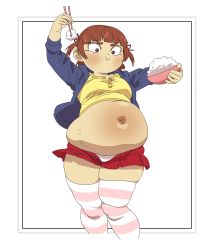 Rule 34 | 1girl, absurdres, belly, breasts, brown eyes, brown hair, chopsticks, fat, food, highres, marui mitsuba, medium breasts, mister man, mitsudomoe, navel, plump, small breasts, solo, striped clothes, striped thighhighs, thighhighs