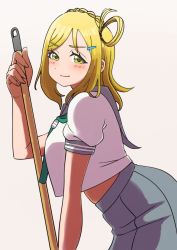 Rule 34 | 1girl, absurdres, blonde hair, braid, broom, closed mouth, crop top, crown braid, dunchy, from side, green necktie, grey skirt, highres, holding, holding broom, leaning forward, looking at viewer, looking to the side, love live!, love live! sunshine!!, medium hair, necktie, ohara mari, open mouth, school uniform, serafuku, shirt, simple background, single hair ring, skirt, smile, white background, white shirt, yellow eyes