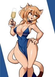 Rule 34 | 1girl, :3, alcohol, animal ears, ass, bathing, breasts, cat ears, cat girl, cat tail, cleavage, cup, curvy, dress, drinking glass, fang, furry, furry female, goya (lucyfer), hand on own hip, highres, large breasts, long hair, looking at viewer, lucyfer, micro panties, nail polish, naughty face, original, panties, ponytail, shiny skin, short dress, simple background, smile, tail, thong, underwear, wide hips