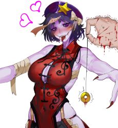 Rule 34 | 1girl, 1other, alternate costume, bandaged arm, bandages, bite mark, black hair, black ribbon, blood, blood on hands, blush, bow, breasts, cabbie hat, china dress, chinese clothes, cleavage, cleavage cutout, clothing cutout, coin, coin on string, colored skin, commentary, covered navel, cowboy shot, dress, english commentary, fingernails, freckles, glasgow smile, hat, hat bow, hat ornament, heart, highres, jiangshi, large breasts, lips, looking at viewer, medium bangs, miyako yoshika, neck ribbon, nose blush, open mouth, outstretched arms, pendulum, piercing, pov, pov hands, purple eyes, purple headwear, purple skin, red dress, red nails, ribbon, sharp fingernails, sharp teeth, short hair, simple background, sleeveless, sleeveless dress, solo focus, star (symbol), star hat ornament, teeth, tomatolover16, tongue, tongue out, tongue piercing, touhou, trembling, white background, white bow, zombie pose
