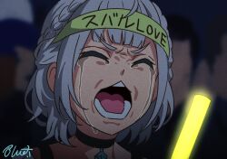 Rule 34 | 1girl, artist name, black choker, blunt bangs, braid, buru-dai, choker, closed eyes, commentary request, crowd, crying, double-parted bangs, french braid, furrowed brow, glowstick, grey hair, hachimaki, head only, headband, holding glowstick, hololive, indoors, meme, official alternate costume, official alternate hairstyle, oota kuniyoshi face (meme), open mouth, otaku, penlight (glowstick), shirogane noel, shirogane noel (casual), short hair, solo focus, streaming tears, sweater, tears, teeth, v-shaped eyebrows, virtual youtuber, white sweater, yellow headband