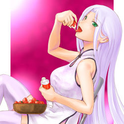 Rule 34 | 1girl, adder, bare shoulders, bowl, china dress, chinese clothes, dress, eating, food, fruit, green eyes, holding, holding food, holding fruit, leaning, light purple hair, long hair, original, sitting, sleeveless, solo, strawberry, thighhighs, tongue, very long hair, white thighhighs, zettai ryouiki