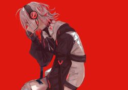 Rule 34 | 1girl, absurdres, belt, blue eyes, bob cut, commentary request, from side, grey hair, headgear, headset, highres, idolmaster, idolmaster shiny colors, puffy sleeves, red background, serizawa asahi, short hair, simple background, solo, takashi (cry 191)