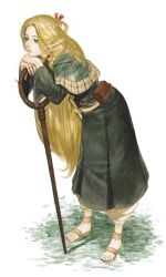 Rule 34 | 1girl, absurdres, alfie (retroxknight), belt, belt pouch, blonde hair, book, braid, brown footwear, capelet, choker, dress, dungeon meshi, elf, full body, fur-trimmed capelet, fur trim, green capelet, green dress, green eyes, half updo, highres, leaning forward, leaning on object, long hair, long sleeves, looking ahead, marcille donato, multiple braids, own hands together, pointy ears, pouch, red choker, sandals, simple background, solo, staff, standing, white background