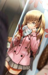 Rule 34 | 10s, 1girl, abazu-red, artist name, bag, black ribbon, black thighhighs, blue scarf, blurry, blurry foreground, brown eyes, brown hair, carrying, casual, cellphone, closed mouth, coat, commentary request, cowboy shot, day, depth of field, dutch angle, earbuds, earphones, frown, girls und panzer, glasses, grey skirt, hair ribbon, handbag, highres, holding, holding phone, long hair, miniskirt, multicolored clothes, multicolored scarf, oono aya, outdoors, phone, pink scarf, plaid, plaid scarf, pleated skirt, purple coat, ribbon, round eyewear, scarf, signature, skindentation, skirt, smartphone, solo focus, standing, thighhighs, twintails, winter clothes