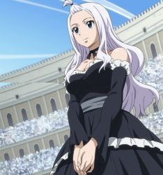 Rule 34 | 1girl, blue eyes, breasts, dress, fairy tail, female focus, highres, large breasts, lolita fashion, long hair, mirajane strauss, screencap, solo, stitched, third-party edit, white hair