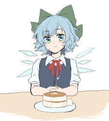 Rule 34 | 1girl, :|, blouse, blue dress, blue eyes, blue hair, blush, bow, cirno, closed mouth, collared shirt, dress, expressionless, fairy wings, food, fork, green bow, hair bow, highres, holding, holding fork, kuromame (8gou), looking at viewer, neck ribbon, pinafore dress, plate, puffy short sleeves, puffy sleeves, red ribbon, ribbon, shirt, short hair, short sleeves, simple background, sleeveless dress, smile, solo, swept bangs, table, touhou, upper body, white background, white shirt, wings