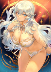 Rule 34 | 1girl, artemis (fate), bare shoulders, blue eyes, bra, bracelet, breasts, cleavage, closed mouth, collarbone, cowboy shot, fate/grand order, fate (series), gradient background, hair between eyes, highres, jewelry, large breasts, light rays, long hair, looking at viewer, mashuu (neko no oyashiro), navel, necklace, panties, smile, standing, stomach, thighs, underwear, underwear only, white bra, white hair, white panties