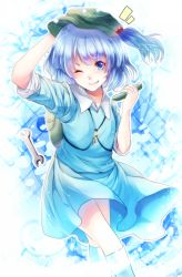 Rule 34 | 1girl, argyle, argyle background, argyle clothes, backpack, bad id, bad pixiv id, bag, blue dress, blue eyes, blue hair, cucumber, dress, grin, hair bobbles, hair ornament, hand on headwear, hat, highres, kawashiro nitori, key, kotonoman, matching hair/eyes, one eye closed, sleeves rolled up, smile, solo, touhou, twintails, two side up, wink, wrench