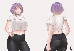 Rule 34 | 1girl, absurdres, ass, black pants, blonde hair, blouse, blush, breasts, earrings, from behind, gradient hair, grey background, hair behind ear, hand on own hip, highres, hololive, hololive indonesia, icedsolero (pixiv44011048), jewelry, large breasts, looking at viewer, midriff peek, moona hoshinova, moona hoshinova (casual), multicolored hair, multiple views, navel, open mouth, pants, purple hair, shirt, short hair, smile, virtual youtuber, white shirt