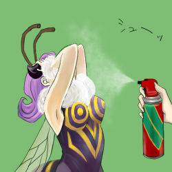 Rule 34 | 1girl, antennae, armpits, arthropod girl, bee girl, capcom, covering own eyes, green background, hands on own face, insect girl, insect wings, monster girl, ocara, pain, pantyhose, poison, purple hair, q-bee, simple background, sleeveless, solo, sound effects, spray, vampire (game), wings