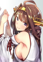 Rule 34 | 10s, 1girl, against wall, ahoge, armpits, baffu, blush, breasts, brown hair, closed mouth, detached sleeves, from side, hair bun, headgear, japanese clothes, jewelry, kantai collection, kimono, kongou (kancolle), long hair, long sleeves, looking to the side, medium breasts, nontraditional miko, purple eyes, red ribbon, ribbon, ribbon-trimmed sleeves, ribbon trim, ring, sideboob, single hair bun, sleeveless, sleeveless kimono, smile, solo, upper body, wedding band, wide sleeves