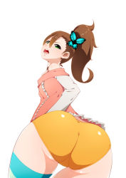 Rule 34 | 1girl, ass, bad id, bad pixiv id, bare shoulders, blush, brown hair, butterfly hair ornament, choker, chousoku henkei gyrozetter, from behind, green eyes, hair ornament, highres, inaba rinne, long hair, long sleeves, looking at viewer, looking back, open mouth, ribbon choker, shorts, side ponytail, single thighhigh, solo, striped clothes, striped thighhighs, thighhighs, undo-chuu