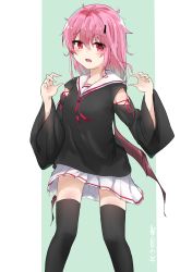 Rule 34 | 1girl, absurdres, bat wings, black shirt, black thighhighs, brown wings, commentary request, dreamusun, fang, green background, hair between eyes, hands up, highres, long hair, long sleeves, looking at viewer, neckerchief, open mouth, original, pink hair, pleated skirt, red eyes, red neckerchief, sailor collar, shirt, skirt, solo, thighhighs, two-tone background, white background, white sailor collar, white skirt, wide sleeves, wings