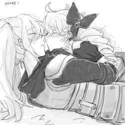 Rule 34 | 2girls, ahoge, alternate size, armor, blush, bow, closed eyes, drill hair, from side, greyscale, gwen (league of legends), hair bow, highres, league of legends, long sleeves, monochrome, multiple girls, poppy (league of legends), shoulder plates, sweatdrop, translation request, twin drills, twintails, xayahsona 27, yuri