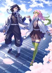 Rule 34 | 1boy, 1girl, animal, animal on shoulder, architecture, arm at side, bandages, belt, black hair, black jacket, black pants, black skirt, black thighhighs, blue eyes, blue sky, blurry, bow, braid, breasts, center opening, cherry blossoms, cleavage, cloud, coat, collared shirt, day, demon slayer uniform, depth of field, dress shirt, east asian architecture, eye contact, eyelashes, floating hair, green eyes, green hair, green thighhighs, haori, hetero, heterochromia, highres, holding hands, iguro obanai, jacket, japanese clothes, kaburamaru, kanroji mitsuri, kimetsu no yaiba, large breasts, leg wrap, long hair, long sleeves, looking at another, looking away, looking to the side, miniskirt, mole, mole under eye, multicolored hair, multiple braids, nayu (mcpt8738), on roof, open mouth, outdoors, pants, partially unbuttoned, petals, pink bow, pink hair, profile, ribbed legwear, rooftop, sandals, shirt, side-by-side, skirt, skirt set, sky, snake, striped, tabi, thighhighs, tri braids, tri tails, two-tone hair, vertical stripes, very long hair, walking, white coat, white shirt, white snake, wind, yellow eyes, zettai ryouiki, zouri