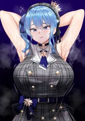 Rule 34 | 1girl, alternate breast size, armpits, arms behind head, artist name, ascot, belt, blue eyes, blue hair, blue ribbon, blush, breasts, buttons, choker, crown, dress, grey hat, hair between eyes, hair ribbon, hat, highres, hololive, hoshimachi suisei, huge breasts, looking at viewer, medium hair, motion lines, parted lips, patreon username, plaid, plaid dress, plaid headwear, ribbon, shiny skin, side ponytail, sidelocks, smile, solo, star (sky), star (symbol), sweat, tnolize, virtual youtuber