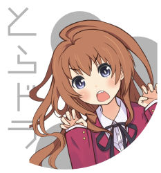 Rule 34 | 1girl, aisaka taiga, blue eyes, bow, brown hair, claw pose, copyright name, curled fingers, fang, gao, long hair, looking at viewer, ribbon, school uniform, simple background, solo, text focus, toradora!, upper body, vinzerd