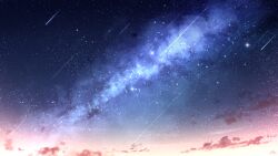 Rule 34 | chinese commentary, cloud, commentary request, falling star, highres, milky way, night, no humans, original, outdoors, rune xiao, scenery, signature, sky, star (sky), starry sky, still life
