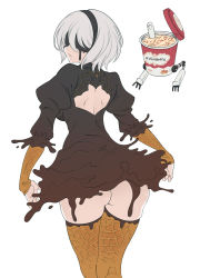 Rule 34 | 1girl, ass, backless outfit, black blindfold, black dress, blindfold, brand name imitation, brown gloves, chocolate, dress, food, food-themed clothes, gloves, ice cream, melting, meme, nier (series), nier:automata, pod (nier:automata), robot, simple background, spoon, twitter username, vinhnyu, white background, white hair, 2b (nier:automata)
