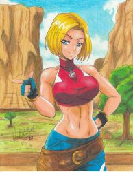 Rule 34 | 1girl, 2020, absurdres, armlet, bare shoulders, blonde hair, blue eyes, blue gloves, blue mary, breasts, buckle, cowboy shot, day, denim, female focus, field, fingerless gloves, gloves, highres, jeans, jewelry, large breasts, midriff, mountain, navel, necklace, pants, pointing at side, ravernclouk design, red top, rock, short hair, sleeveless, snk, solo, star (symbol), star necklace, the king of fighters, traditional media, tree, turtleneck crop top