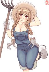 Rule 34 | 1girl, alternate costume, artist logo, boots, braid, breasts, brown eyes, cleavage, cloud hair ornament, commentary request, dated, denim, farmer, gradient hair, hat, highres, kanon (kurogane knights), kantai collection, large breasts, light brown hair, long hair, low twin braids, minegumo (kancolle), multicolored hair, naked overalls, one-hour drawing challenge, overalls, pitchfork, red eyes, simple background, solo, standing, standing on one leg, straw hat, twin braids, white background, white footwear