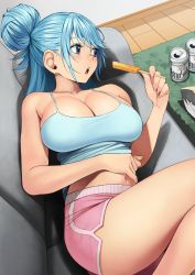 Rule 34 | 1girl, alternate costume, aqua (konosuba), bag of chips, beer can, blue camisole, blue eyes, blue hair, breasts, camisole, can, cleavage, collarbone, commentary request, commission, couch, dolphin shorts, drink can, facing to the side, fingernails, food, highres, holding, holding food, holding ice cream, ice cream, ice cream bar, izawa (bhive003), kono subarashii sekai ni shukufuku wo!, large breasts, long hair, lying, midriff, navel, on couch, open mouth, pink shorts, short shorts, shorts, skeb commission, solo