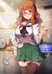 Rule 34 | 1girl, black thighhighs, blush, breasts, covered erect nipples, girls und panzer, glasses, highres, indoors, kitchen, ladle, large breasts, long hair, looking at viewer, megadeko, navel, ooarai school uniform, orange eyes, orange hair, school uniform, smile, solo, takebe saori, thighhighs, tongue, tongue out
