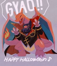 Rule 34 | charizard, claws, closed eyes, clothed pokemon, commentary, creatures (company), fangs, fire, fire, flame-tipped tail, game freak, gen 1 pokemon, happy halloween, highres, mo~zu, musical note, nintendo, no humans, open mouth, pokemon, pokemon (creature), solo, standing, symbol-only commentary, tongue