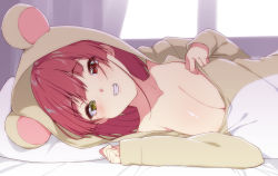 Rule 34 | 1girl, absurdres, animal hood, bed, blush, breasts, cleavage, clothes pull, heterochromia, highres, hololive, hood, hoodie, houshou marine, koubou (cowbow kun), large breasts, looking at viewer, lying, on side, pillow, pulling own clothes, red eyes, red hair, shiny skin, shirt pull, smile, solo, virtual youtuber, yellow eyes