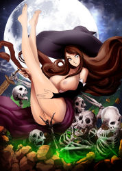 Rule 34 | 1girl, anal, anal fingering, anus, barefoot, blush, breasts, brown hair, carrying, cherry-gig, dragon&#039;s crown, feet, fingering, highres, moon, nipples, no panties, pussy, skeleton, sorceress (dragon&#039;s crown), sword, uncensored, weapon